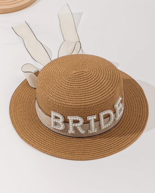 Bride Straw Hat with Pearl Letters