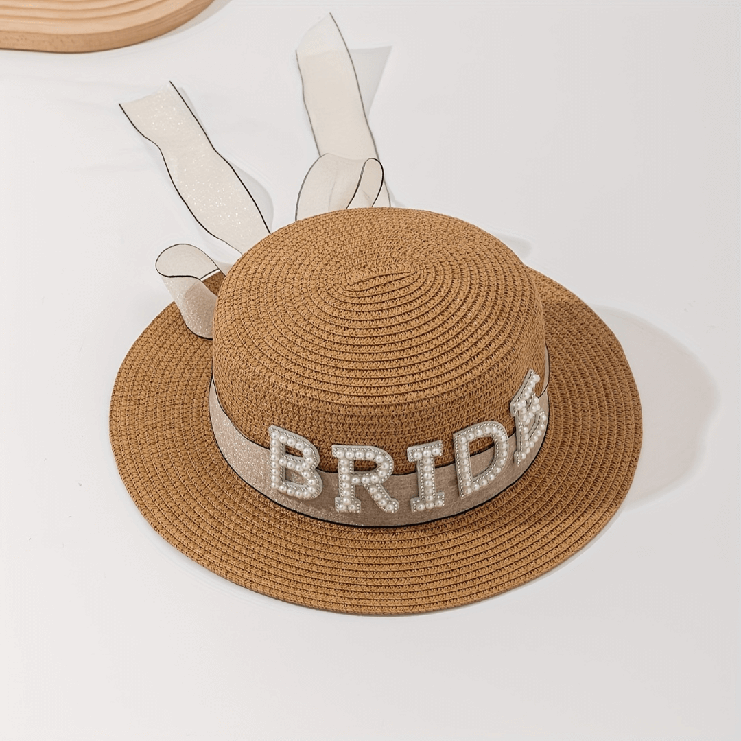 Bride Straw Hat with Pearl Letters